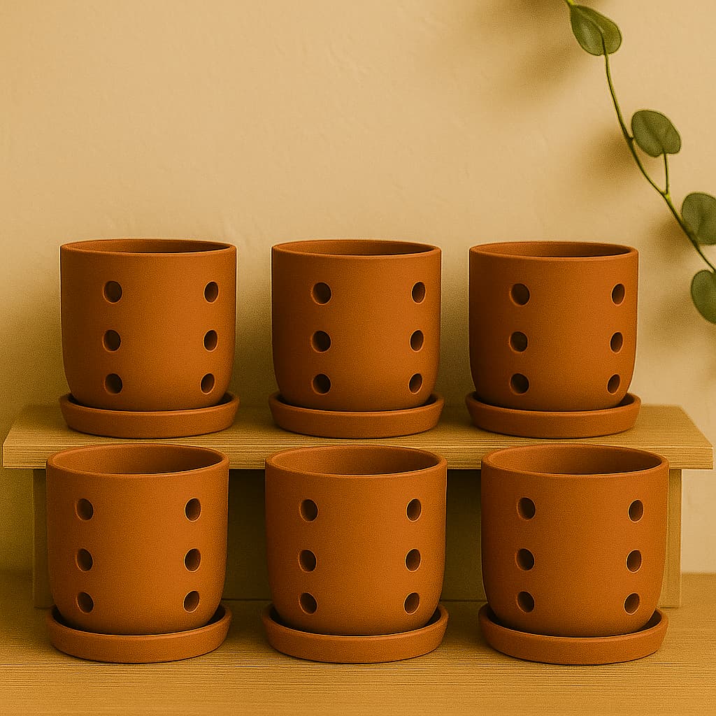 Terracotta Autumn Orchid Planter Small - 4 Inch Pot – Home & Garden on Brown Living™. SKU: PL19-2A. Img 11.