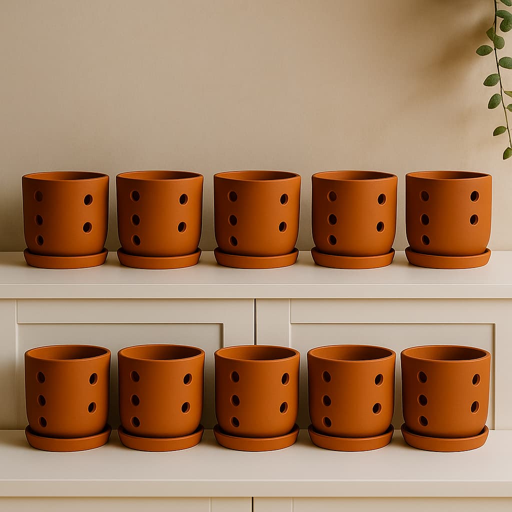 Terracotta Autumn Orchid Planter Small - 4 Inch Pot – Home & Garden on Brown Living™. SKU: PL19-8. Img 30.