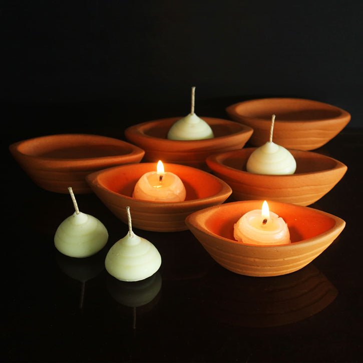 Terracotta Boat Candle Holder | Set of 6 + 6 Pcs Complimentary Candles | Verified Sustainable by Brown Living™