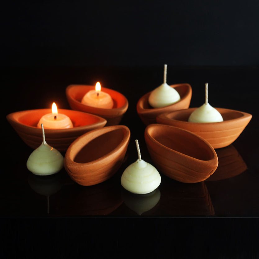 Terracotta Boat Candle Holder | Set of 6 + 6 Pcs Complimentary Candles | Verified Sustainable by Brown Living™