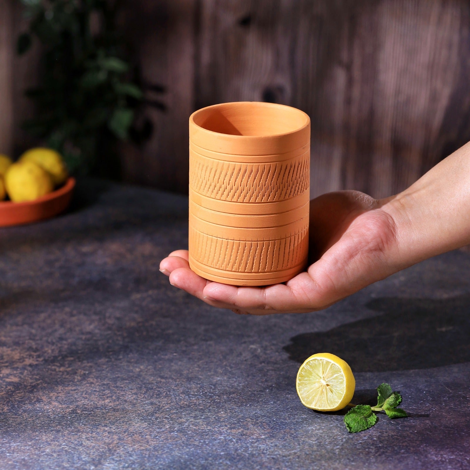 Terracotta Kohinoor Jumbo Glass | Handmade Clay Water Glass – Mugs on Brown Living™. SKU: DG-12. Img 9.