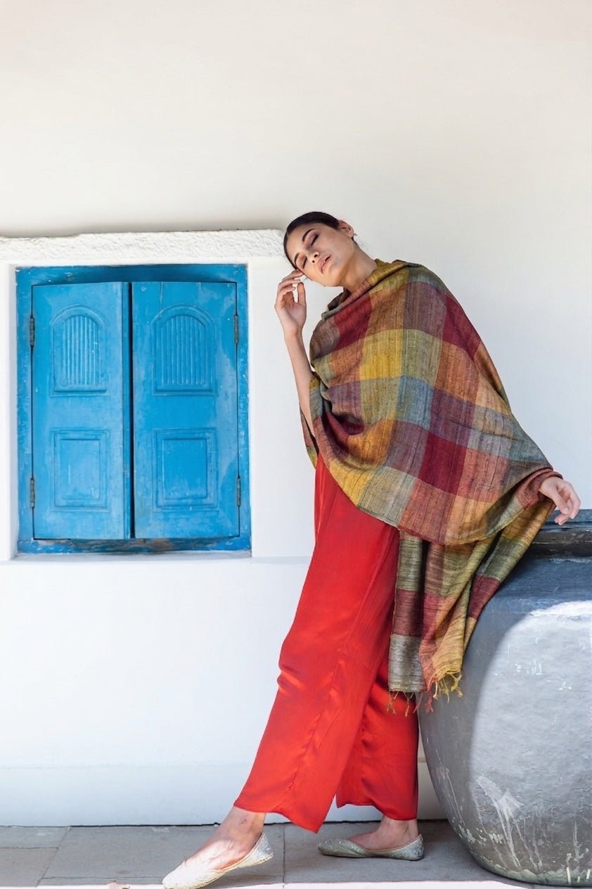 Terracotta Madras Checks Tussar Peace Silk Scarf – Womens Scarf on Brown Living™. SKU: NAESA103. Img 2.