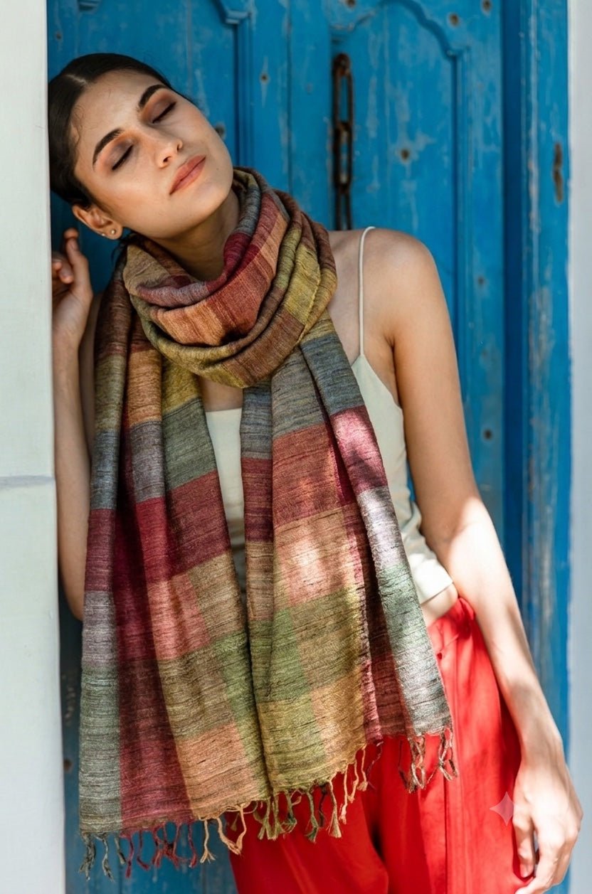 Terracotta Madras Checks Tussar Peace Silk Scarf – Womens Scarf on Brown Living™. SKU: NAESA103. Img 4.