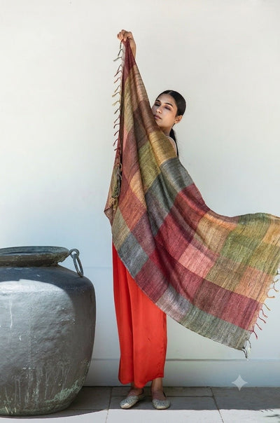 Terracotta Madras Checks Tussar Peace Silk Scarf – Womens Scarf on Brown Living™. SKU: NAESA103. Img 3.