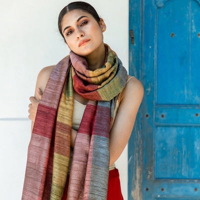 Terracotta Madras Checks Tussar Peace Silk Scarf – Womens Scarf on Brown Living™. SKU: NAESA103. Img 1.