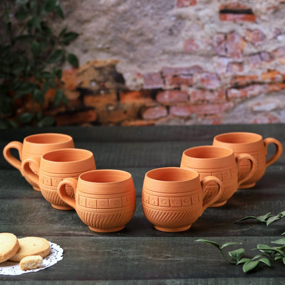 Terracotta Maharaja Tea Cup Set of 6 –Handcrafted Natural Clay Cups – Mugs on Brown Living™. SKU: TC-3. Img 2.