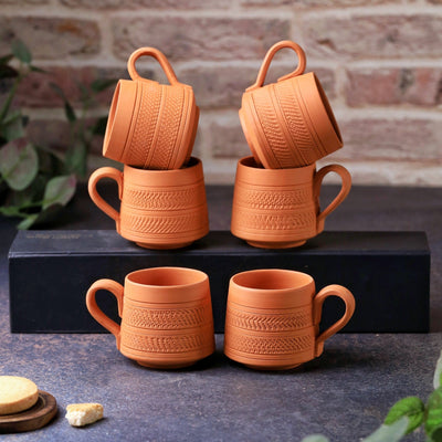 Terracotta Nawabi Tea Cup Set of 6 – Handcrafted Natural Clay Tea Cups – Cups & Saucers on Brown Living™. SKU: TC-2. Img 2.