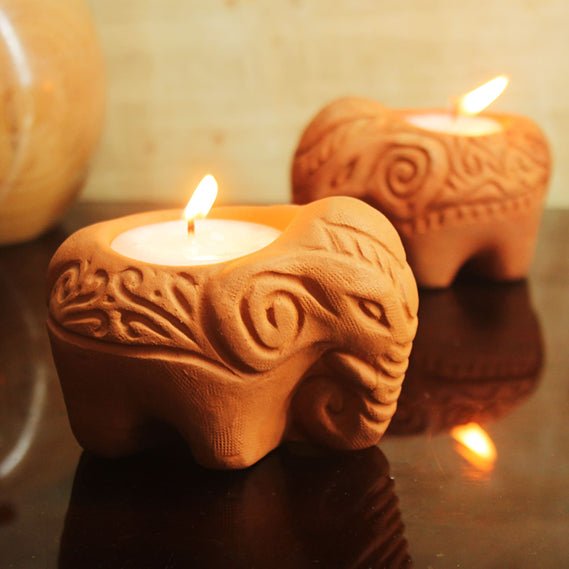 Terracotta Pot Elephant Festive Candle for Diwali / Puja | Set of 6 – Candles & Fragrances on Brown Living™. SKU: CD - ELE - 6. Img 1.