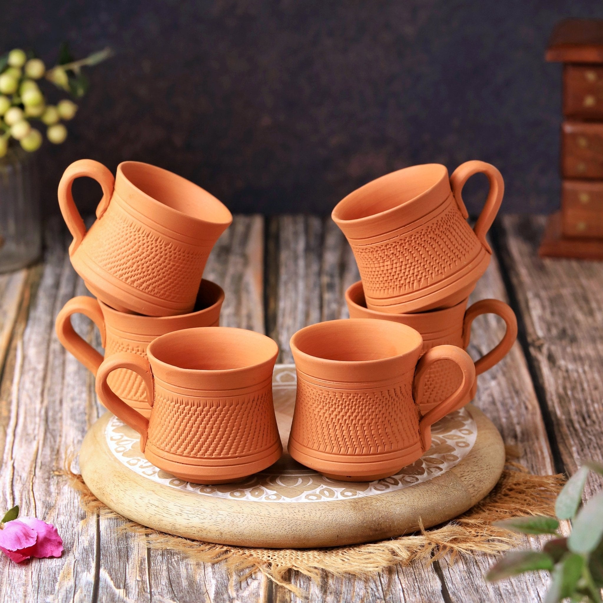 Terracotta Royal Tea Cup Set of 6 – Handcrafted Natural Clay Tea Cups – Mugs on Brown Living™. SKU: TC-1. Img 1.