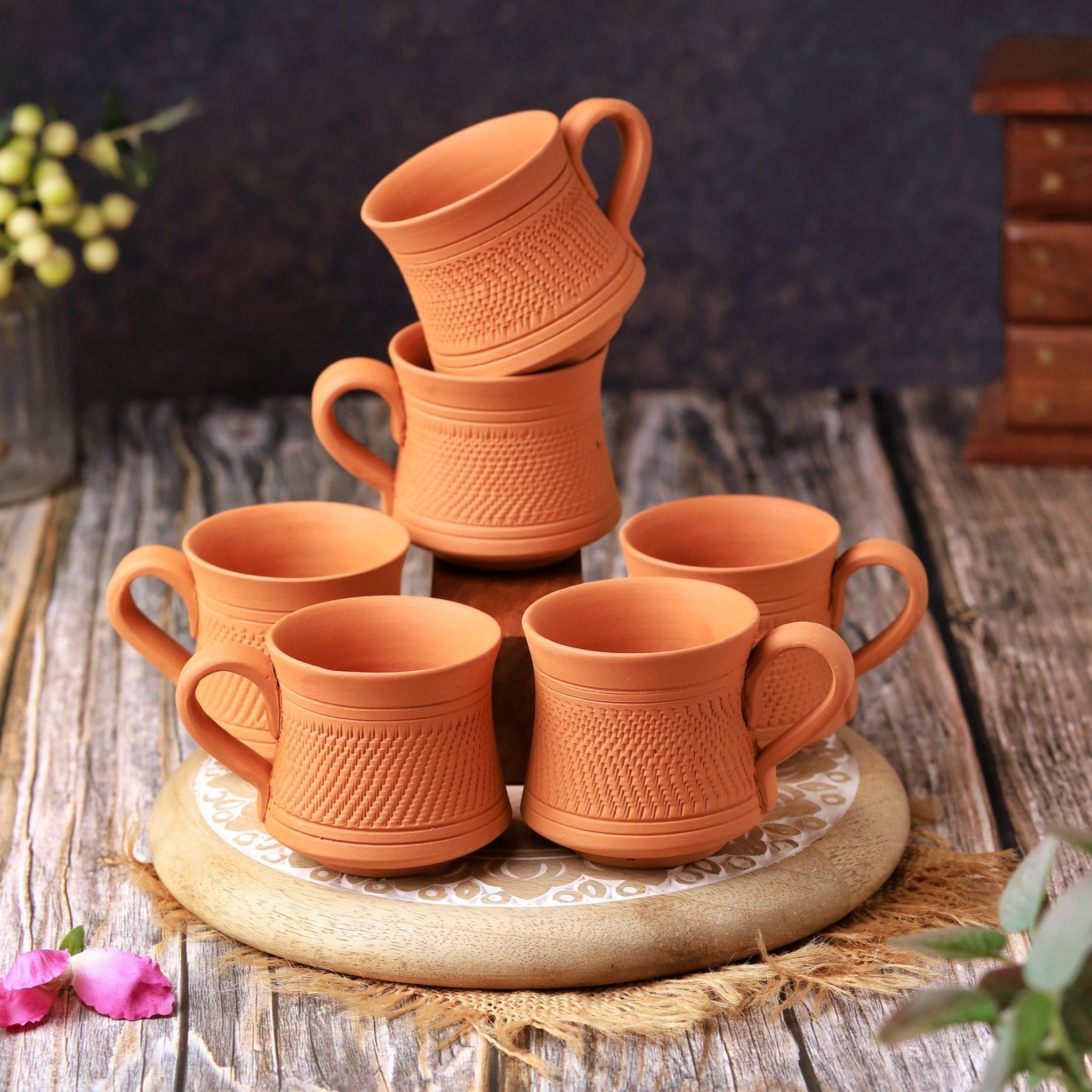 Terracotta Royal Tea Cup Set of 6 – Handcrafted Natural Clay Tea Cups – Mugs on Brown Living™. SKU: TC-1. Img 2.