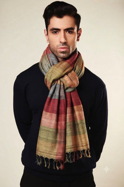 Terracotta Tussar Peace Silk Scarf for Men | Madras Checks – Mens Scarf on Brown Living™. SKU: NAEMNSWT09. Img 1.