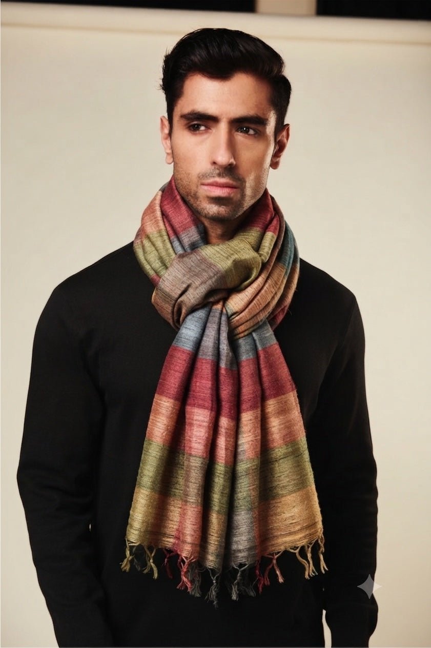 Terracotta Tussar Peace Silk Scarf for Men | Madras Checks – Mens Scarf on Brown Living™. SKU: NAEMNSWT09. Img 4.