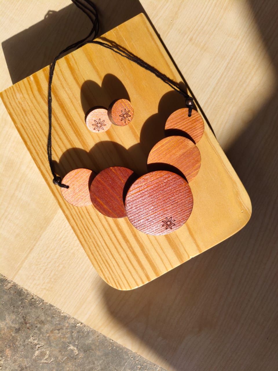 Textured Circular Disc Statement Wooden Jewellery – Womens Accessories on Brown Living™. SKU: WJ01N. Img 3.