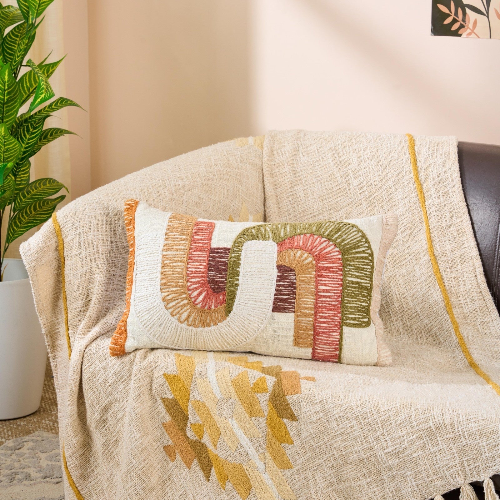 Textured Multi Cotton Cushion | Handcrafted Decorative Cushion – Pillow on Brown Living™. SKU: TEE-25718. Img 1.