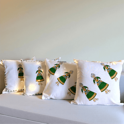 Thanjore Green Handblock Cushion Covers 24x24 inch – Set of 2 (Large) – Covers & Inserts on Brown Living™. SKU: CUSGREENDOLL24X24SET4. Img 7.