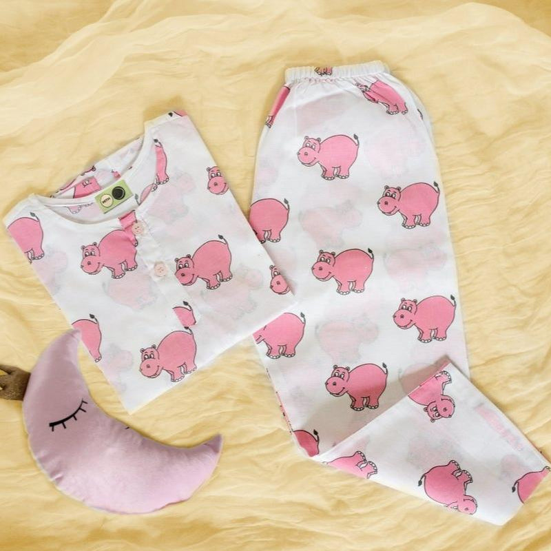 The Cheerful Hippo - Unisex Kids Cotton Nightwear | Verified Sustainable by Brown Living™