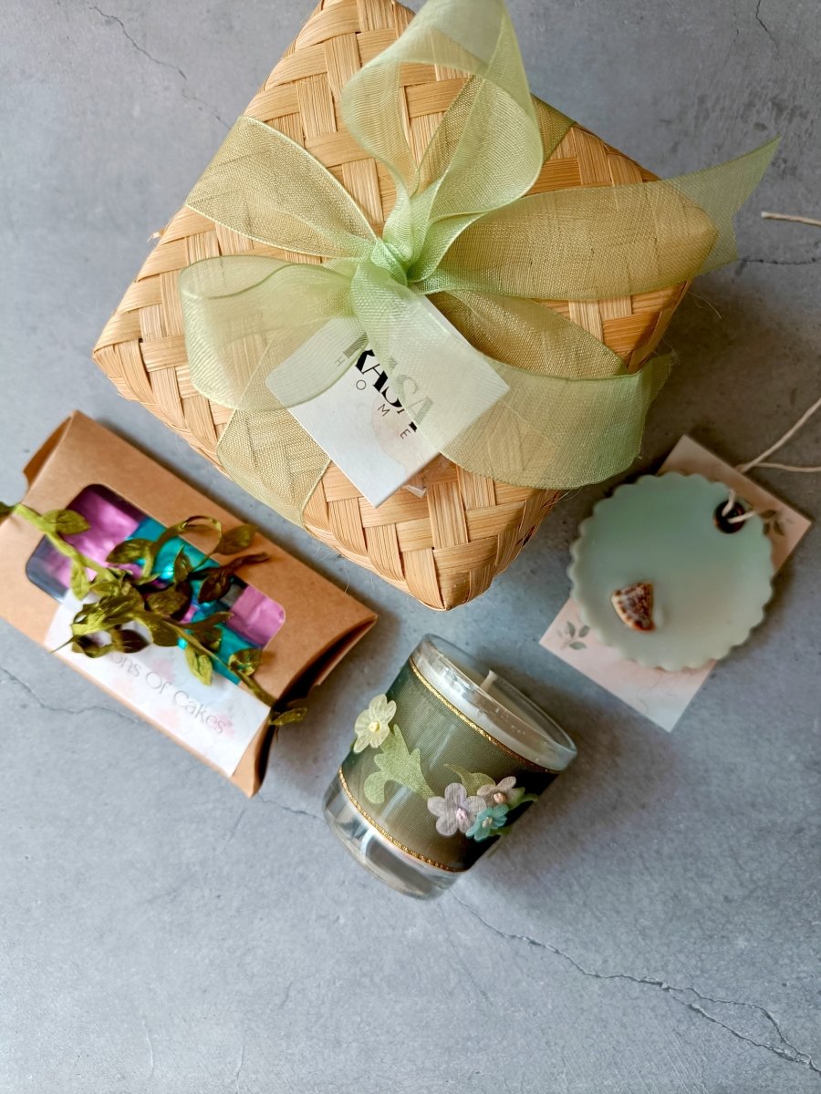 The Cozy Welcome Gift Set - Candle & Chocolate – Gift Hampers by Rasa Home available on Brown Living™. The Cozy Welcome Gift Set - Candle & Chocolate . SKU: TGBRGS07. Img 1.