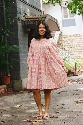 The Jemma Cotton Dress | Block Print | Floral Sunset | Verified Sustainable Womens Dress on Brown Living™