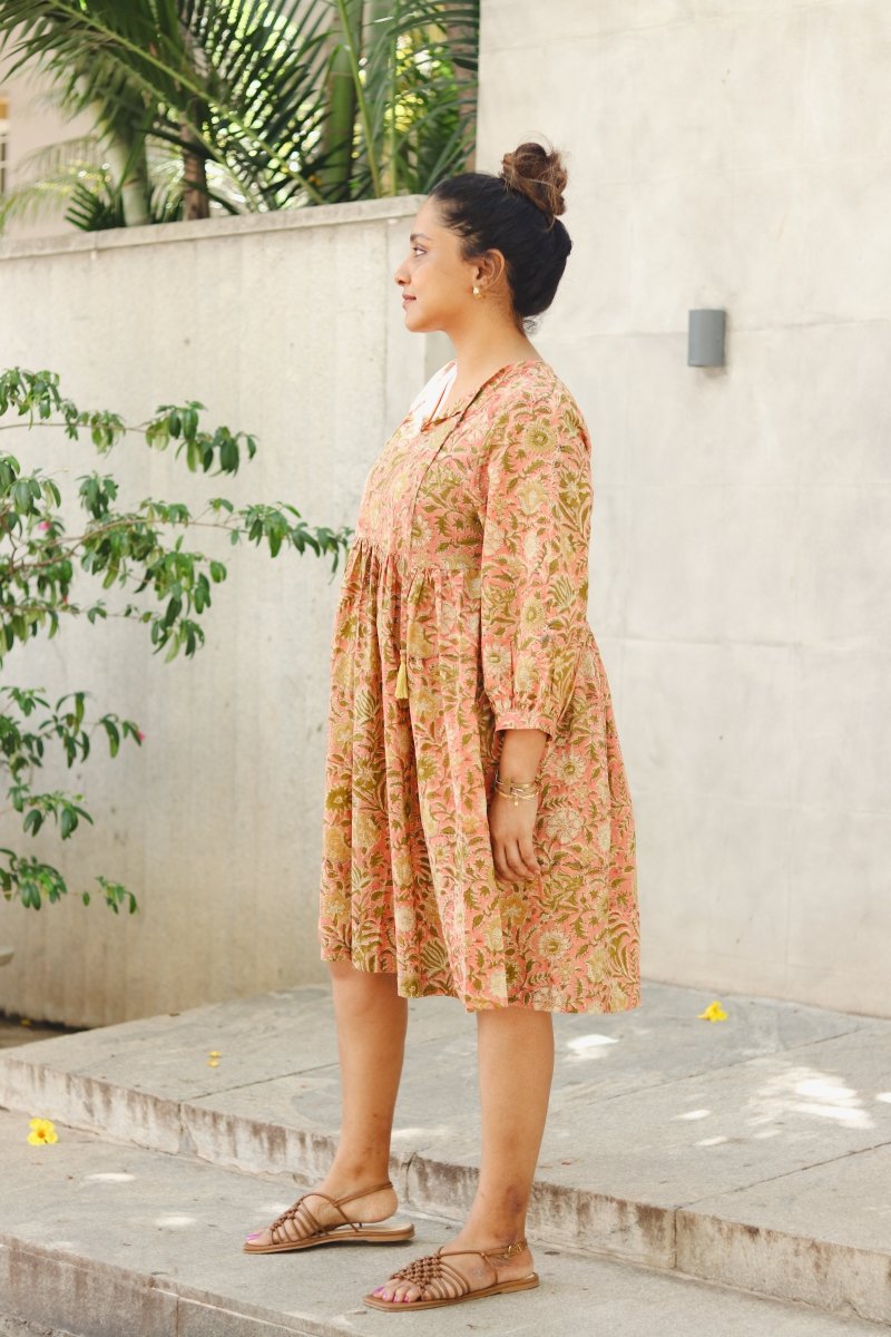 The Jemma Cotton Dress | Block Print | Olive Blush | Verified Sustainable Womens Dress on Brown Living™