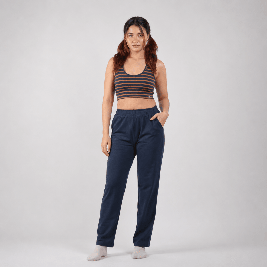 The Sunday Drift Organic Cotton Co-Ord Set | Soft & Breathable Women's – Womens Co-Ord Sets on Brown Living™. SKU: 015CSBrownStripe-NavyS. Img 1.