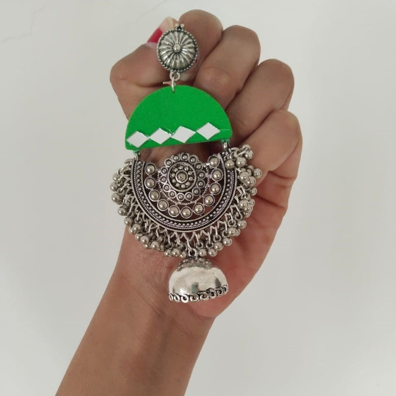 Green Oxidized Heavy Long Jhumka With Ghungroos | Verified Sustainable by Brown Living™