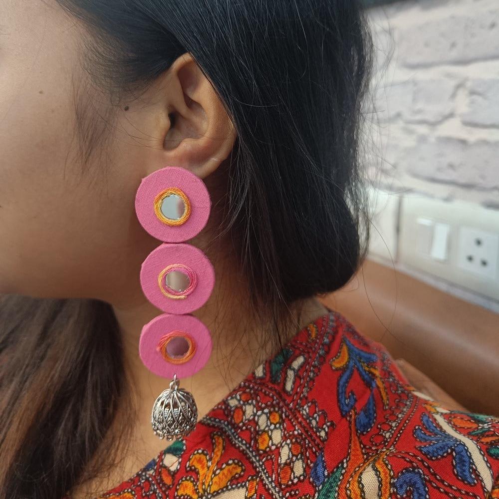 Three Drops Pink Mirror Fabric Long Earrings | Verified Sustainable by Brown Living™