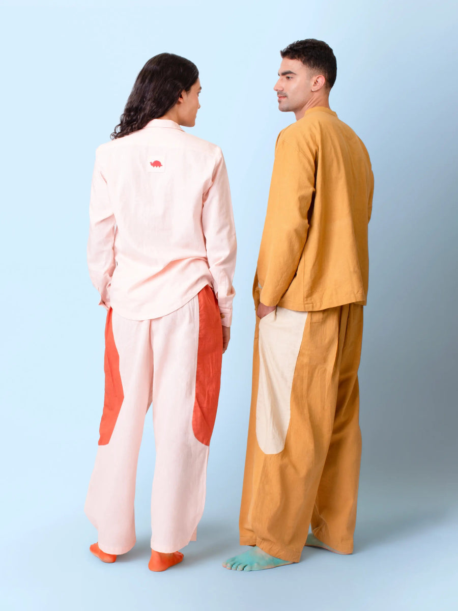 Tipa – Organic Cotton Linen Flowy Pants with Side Panel – Mens Pants by Phuhar's available on Brown Living™. Mustard Xs. SKU: pH0761. Img 4.