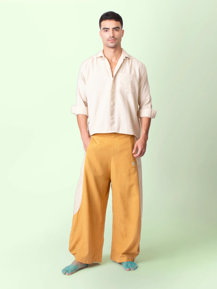 Tipa – Organic Cotton Linen Flowy Pants with Side Panel – Mens Pants by Phuhar's available on Brown Living™. Mustard Xs. SKU: pH0761. Img 1.