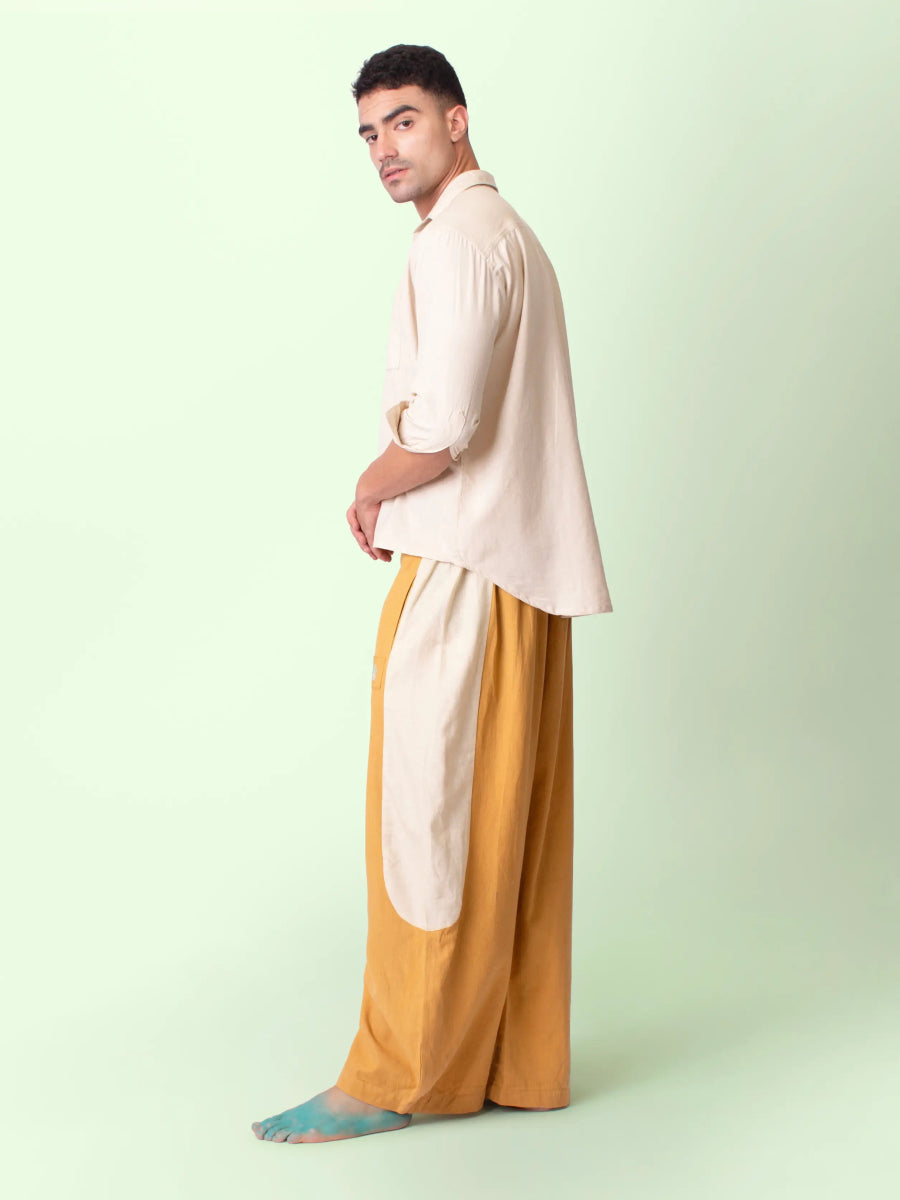 Tipa – Organic Cotton Linen Flowy Pants with Side Panel – Mens Pants by Phuhar's available on Brown Living™. Mustard Xs. SKU: pH0761. Img 2.