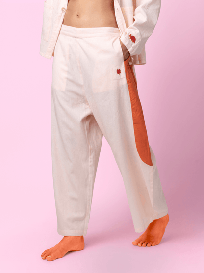 Tipa – Organic Cotton Linen Flowy Pants with Side Panel – Mens Pants by Phuhar's available on Brown Living™. Pink S. SKU: Tipa - pink - s. Img 1.