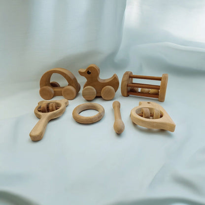 Toddler Toys Neem Wooden Wheel, Rattle & Teether Play Set – Wooden Toys on Brown Living™. SKU: WRT_HCR-DK-TMBLR-MKHD-SPR-DBL-RNG. Img 3.