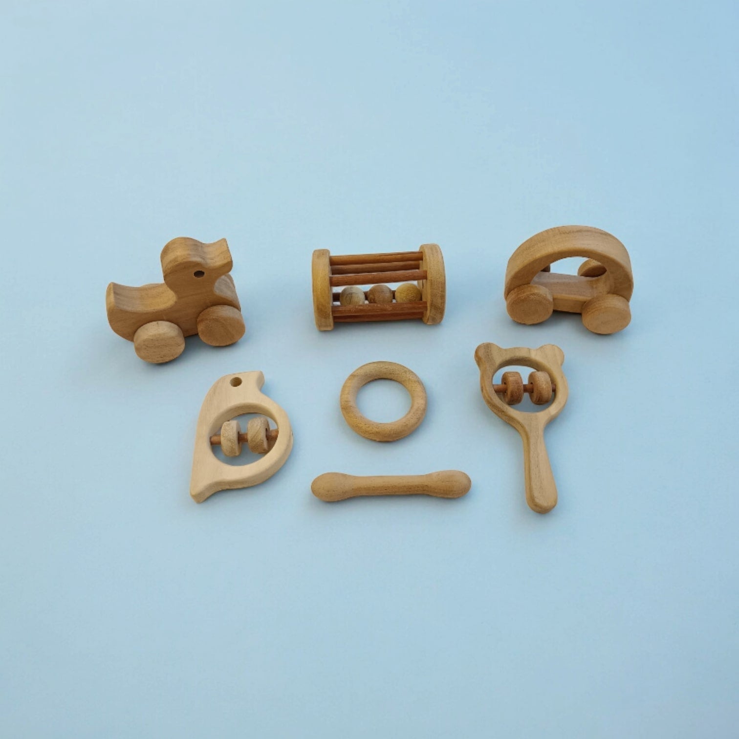 Toddler Toys Neem Wooden Wheel, Rattle & Teether Play Set – Wooden Toys on Brown Living™. SKU: WRT_HCR-DK-TMBLR-MKHD-SPR-DBL-RNG. Img 2.