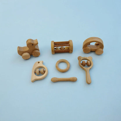 Toddler Toys Neem Wooden Wheel, Rattle & Teether Play Set – Wooden Toys on Brown Living™. SKU: WRT_HCR-DK-TMBLR-MKHD-SPR-DBL-RNG. Img 2.