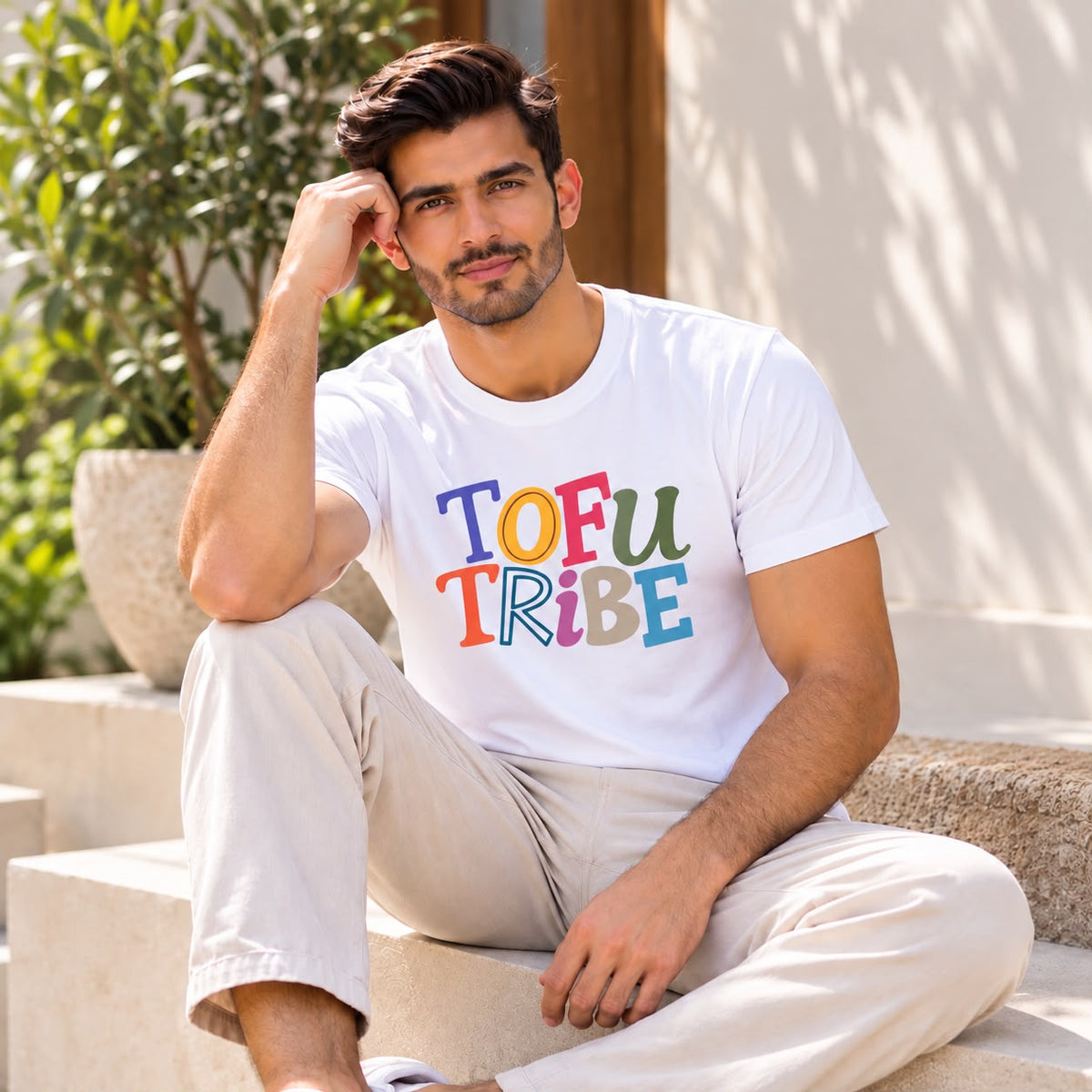 Tofu Tribe Unisex Cotton T-Shirt | Colourful Vegan Graphic Tee – Mens T-Shirt on Brown Living™. SKU: tofuWhiteMSWS. Img 1.