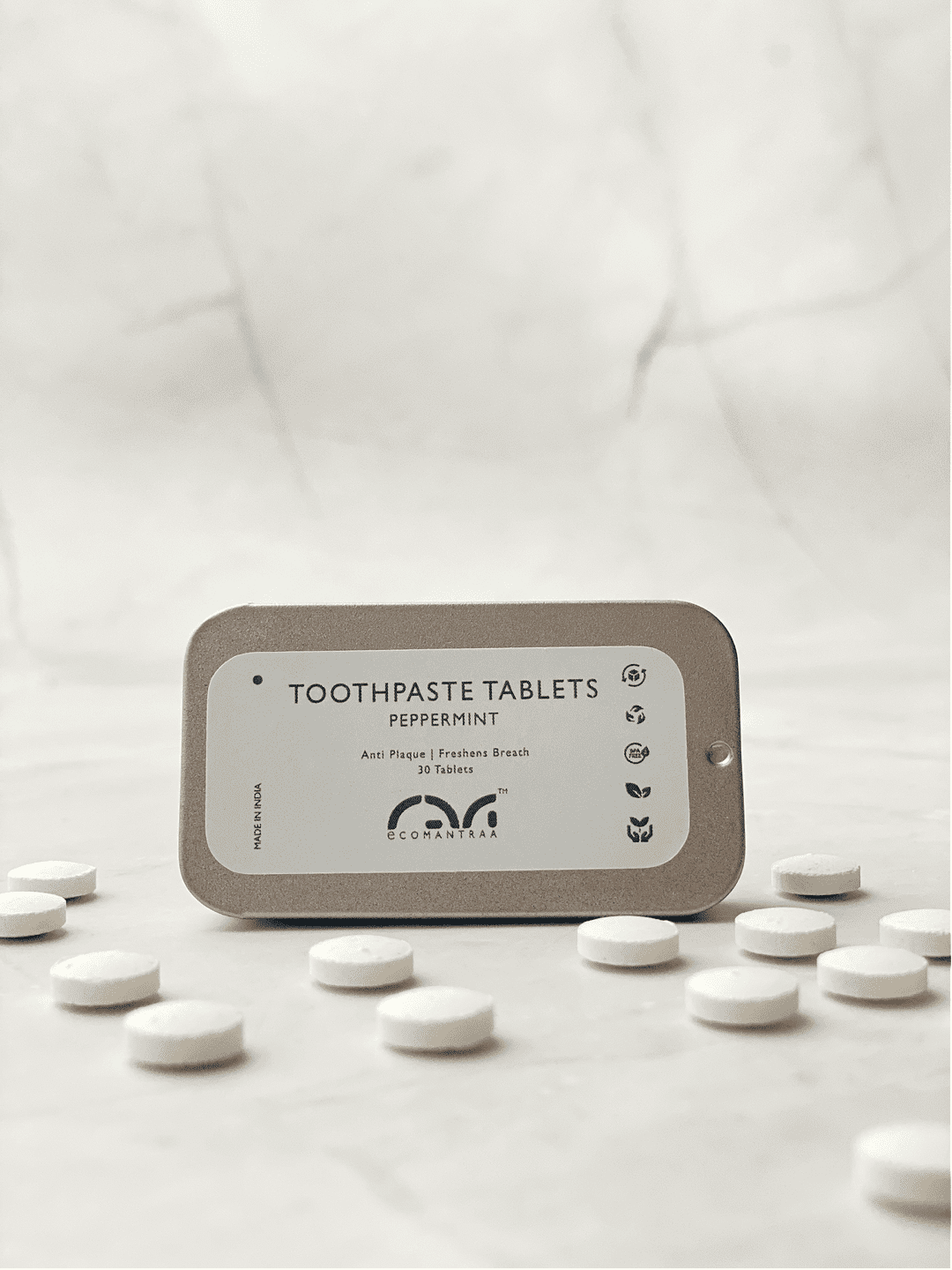 Toothpaste Tablets (30 Nos, Tin) | Natural, Eco - Friendly Oral Care – Tooth Cleaning Tablets on Brown Living™. SKU: EM-00101. Img 2.