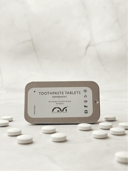 Toothpaste Tablets (30 Nos, Tin) | Natural, Eco - Friendly Oral Care – Tooth Cleaning Tablets on Brown Living™. SKU: EM-00101. Img 2.