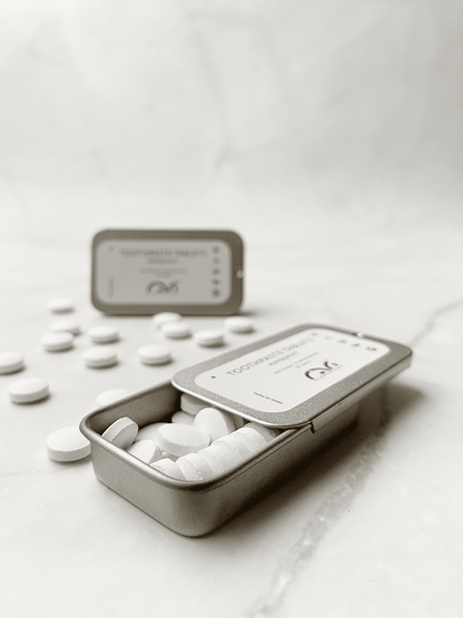 Toothpaste Tablets (30 Nos, Tin) | Natural, Eco - Friendly Oral Care – Tooth Cleaning Tablets on Brown Living™. SKU: EM-00101. Img 1.