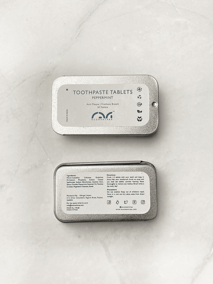 Toothpaste Tablets (30 Nos, Tin) | Natural, Eco - Friendly Oral Care – Tooth Cleaning Tablets on Brown Living™. SKU: EM-00101. Img 4.