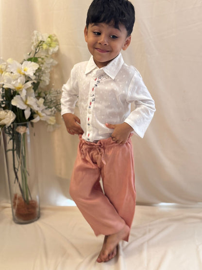 Track The Trail Beige Embroidered Shirt & Pant Set for Kids – Kids Daywear Sets on Brown Living™. SKU: TF-114-B3-WG5-1. Img 1.