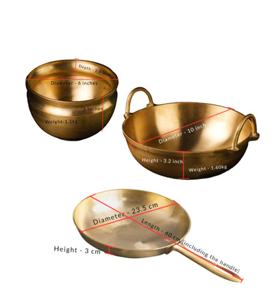 Traditional Bronze/ Kansa Combo (Kadai+ Sauté Pan+ Pana) – Cookware on Brown Living™. SKU: Bronze-Kadai-Frypan-Pana-Combo-4300g-packof3. Img 5.