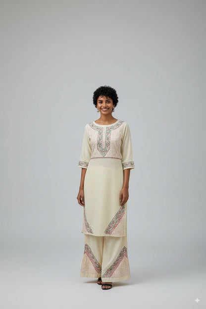 Traditional Cotton Chikankari Kurta Palazzo Set for Women – Womens Kurta on Brown Living™. SKU: S03008_S_. Img 1.