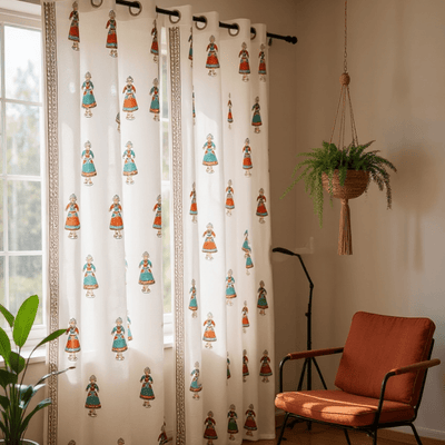 Traditional Doll Print Cotton Door Curtain 7 x 4 Feet (Set of 2) – Curtains on Brown Living™. SKU: CURDOLL7FEET. Img 5.