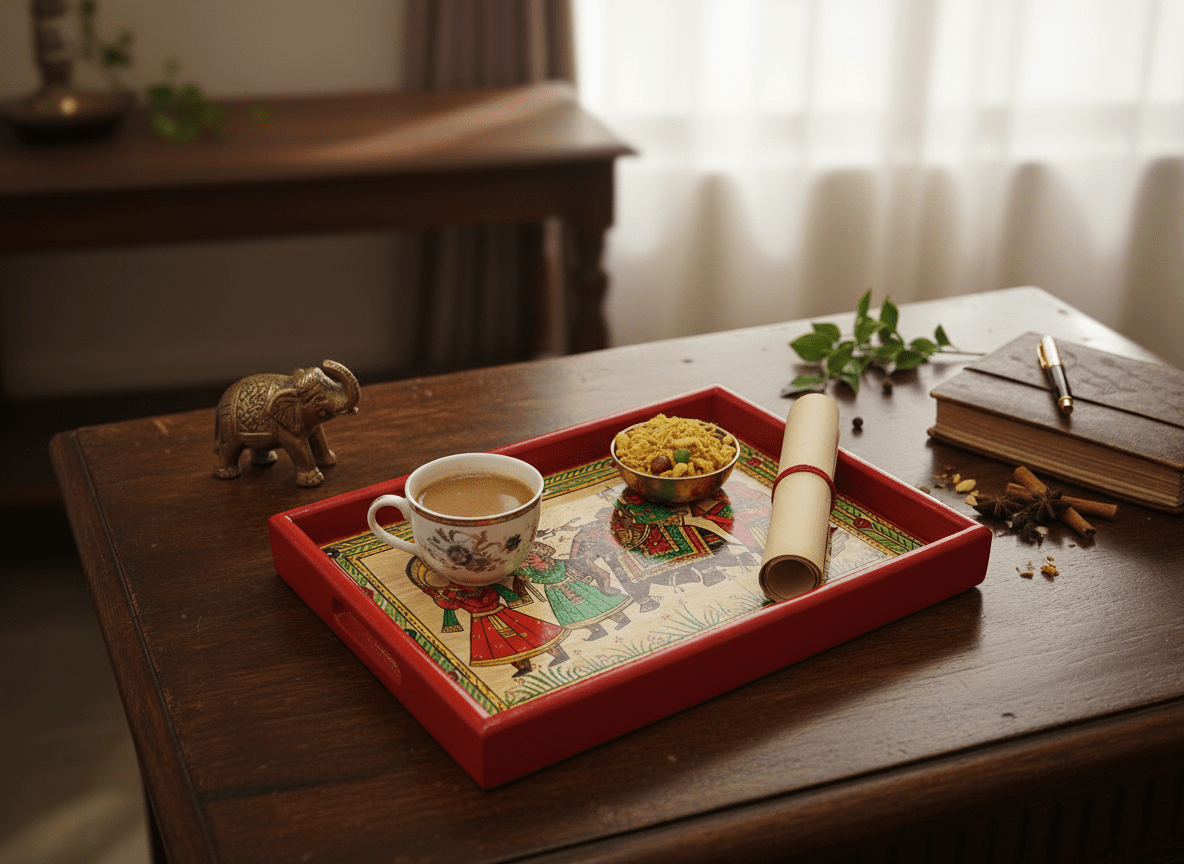 Traditional Marwari Phad Wooden Platter | Handcrafted Decorative Tray – Trays & Platters on Brown Living™. SKU: PDAMRTMDMC02. Img 2.