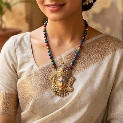 Traditional Temple Goddess Pendant Multicolor Beaded Necklace – Womens Necklaces on Brown Living™. SKU: KOTT-T007. Img 1.