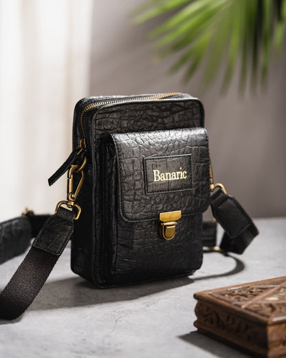 Travel Sling Bag | Banana Fibre Vegan Leather | Eco - Friendly Bag – Sling Bag on Brown Living™. SKU: RCBAGBANARIC02ABK. Img 1.