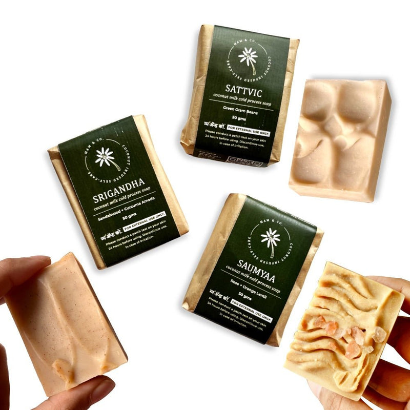 Trial Mini Coconut Milk Soap Pack of 3 - Srigandha + Sattvic + Saumyaa | Verified Sustainable Gift Giving on Brown Living™