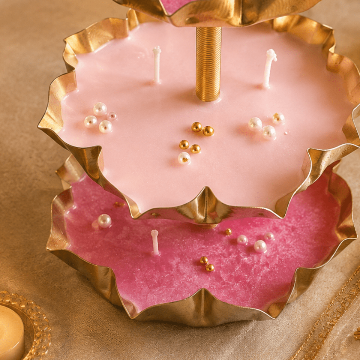 Triple Radiance 3-Tier Urli Candle | Pearl Detail Festive Candle – Candles & Fragrances on Brown Living™. SKU: D-412. Img 5.