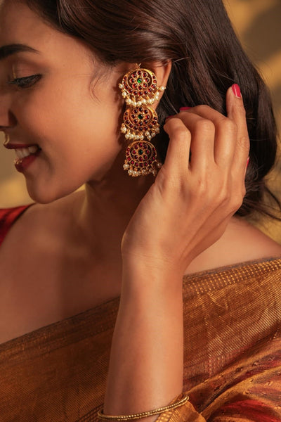 Triveni Maatal Earrings | Handcrafted Traditional Statement Earrings – Womens Earrings on Brown Living™. SKU: SAR1020. Img 3.