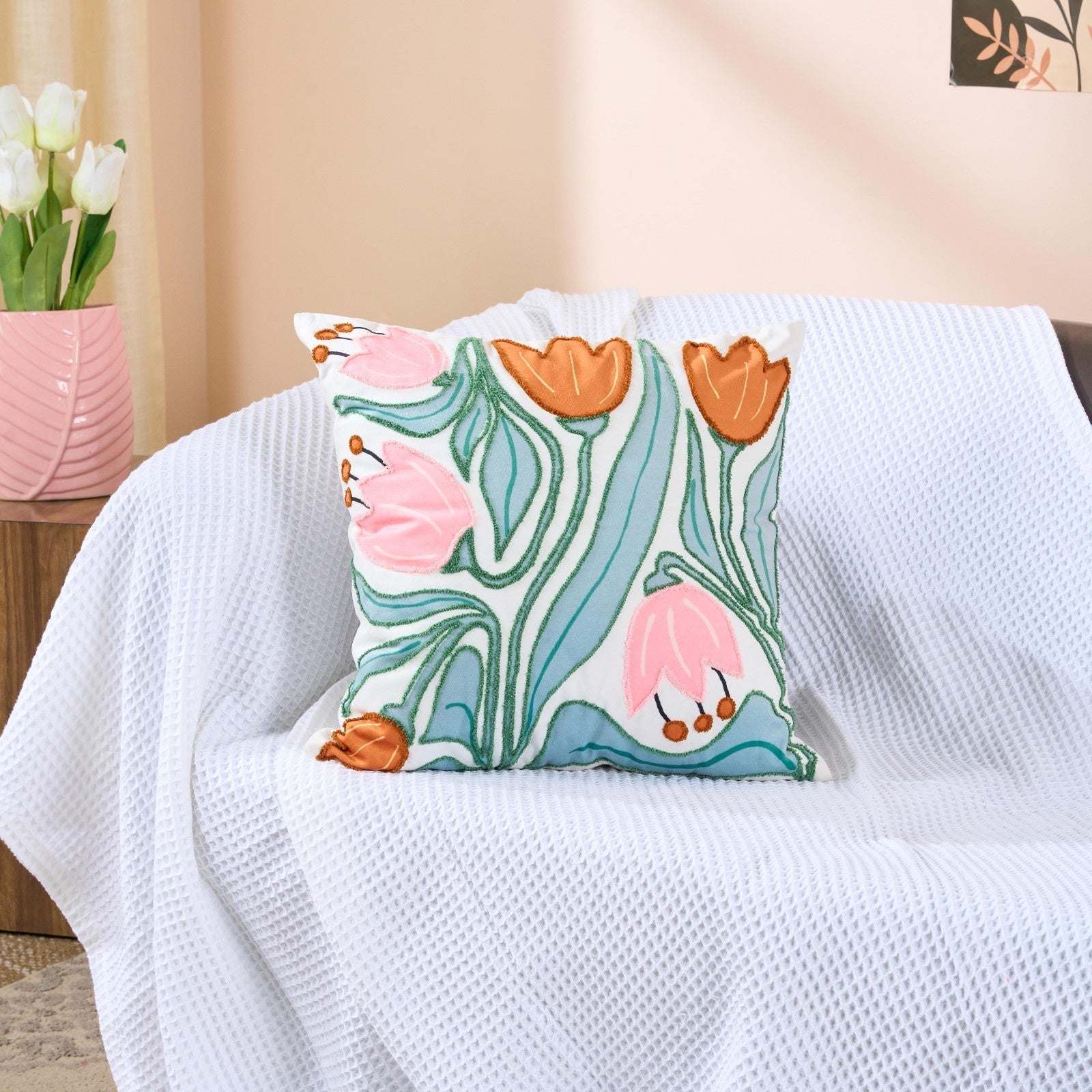 Tulip Elegance Cotton Velvet Cushion | Floral Luxury Decor Cushion – Pillow on Brown Living™. SKU: TEE-25729. Img 1.