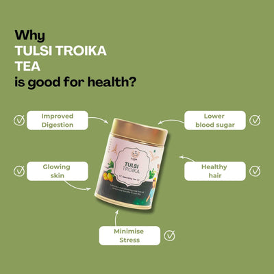 Tulsi Troika – Treats Respiratory Issues, Digestion & Stress – 50g – Tea on Brown Living™. SKU: CCTin50New. Img 5.